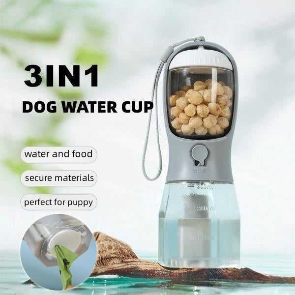 Three-in-one portable dog water cup with food and bags