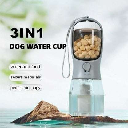 Three-in-one portable dog water cup with food and bags